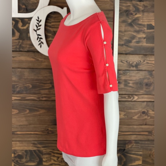 Rafaella | Boat Neck Coral Quarter Sleeve Top‎ Split Open Sleeves Pearl Button - Picture 4 of 7